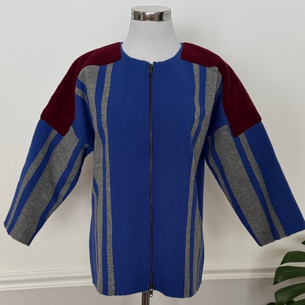J. Crew Blue and Burgundy Lambswool Bonded Striped Zip Sweater M